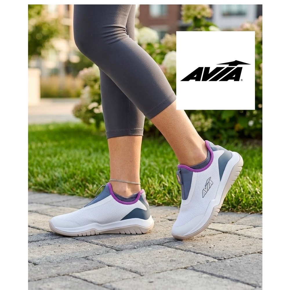 Avia Avi-Breeze Women Slip On Sneakers White Purple Memory Foam‎ Sz 6 Comfort